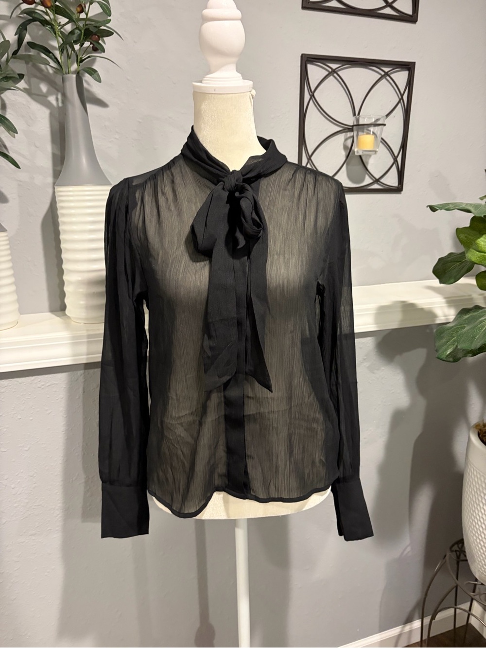 Old Navy Black Sheer Tie-Neck Blouse